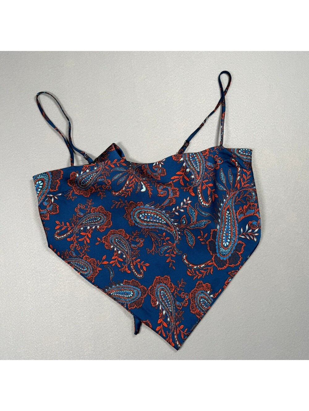 Womens Navy Paisley Bandana Crop Top Satin Tie Front Adjustable Straps L